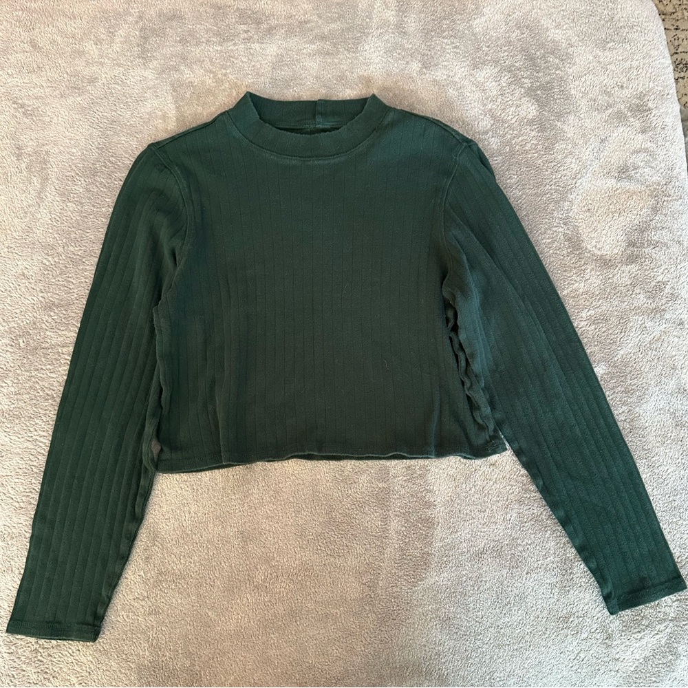 Knit Floral Embroidered American Eagle Women’s Long Sleeve Green Crop Top XL